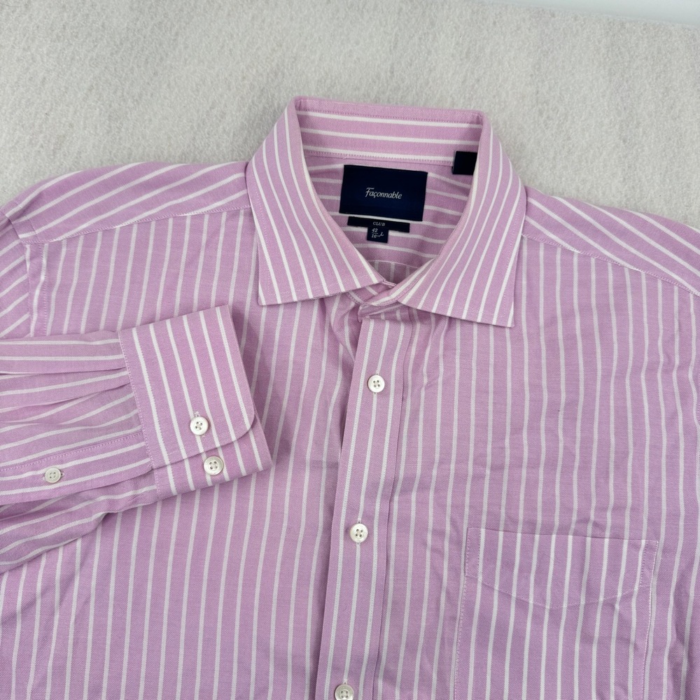 Faconnable Club Mens Long Sleeve Button Down Size 16.5 Large Pink Striped Preppy
